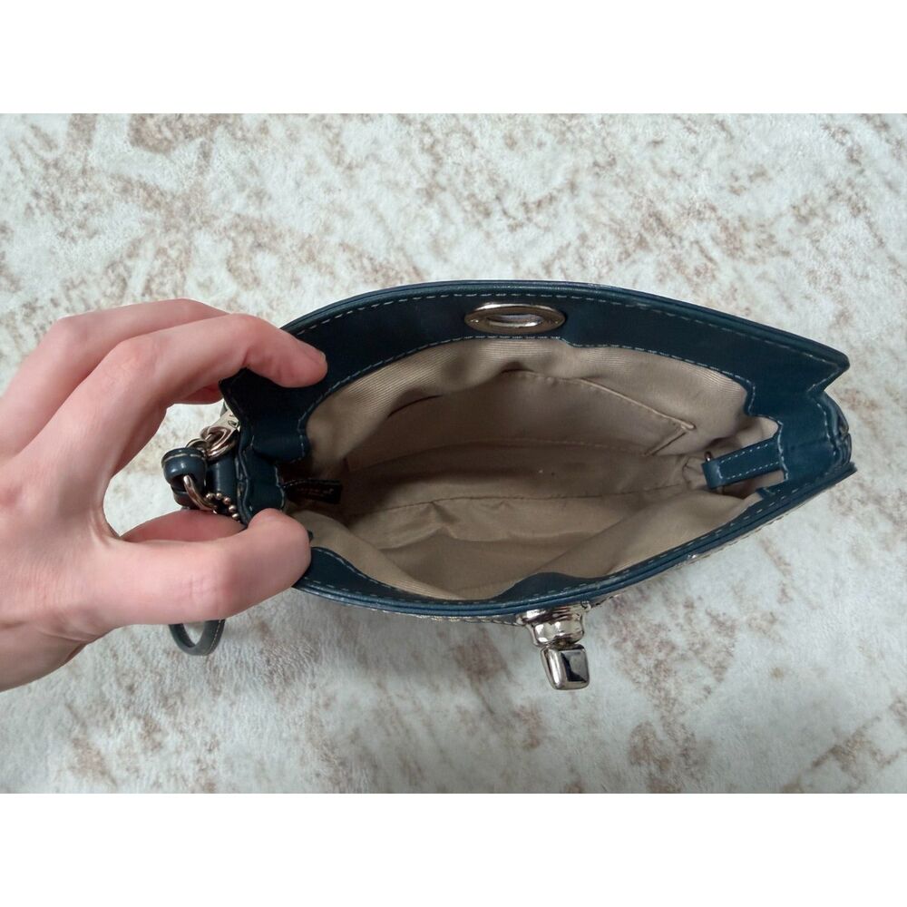 Coach Teal Blue Signature Jacquard Turnlock Wristlet Wallet Clutch - Picture 6 of 11